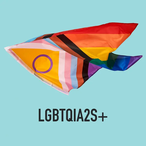 Міжсексуальний Інклюзивний Прапор Гордості Махає Повітрі Текст Lgbtqia2S Блідо Блакитному — стокове фото