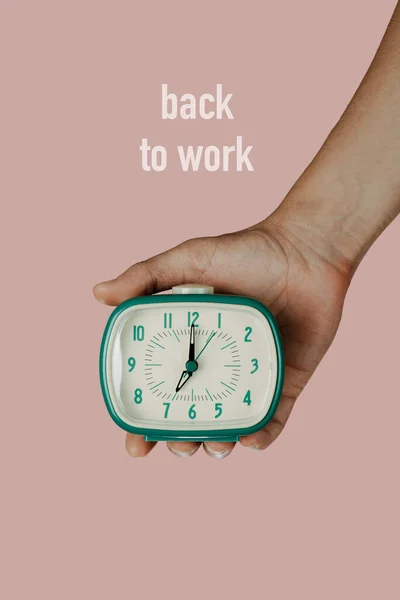 Closeup Hand Caucasian Holding Green Alarm Clock Text Back Work — Stock Photo, Image
