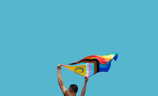 Closeup Man Outdoors Waving Intersex Inclusive Progress Pride Flag His — 图库照片