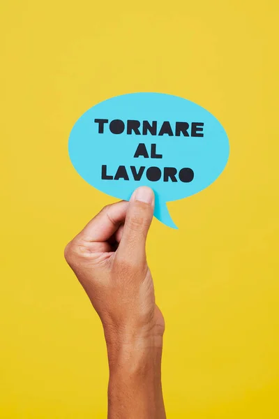 Man Holds Blue Paper Sign Shape Speech Bubble Text Back — Stok fotoğraf