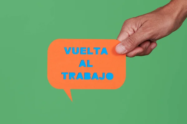 Closeup Man Holding Orange Paper Speech Bubble Text Back Work — Fotografia de Stock