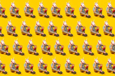 men wearing unicorn masks talking on the phone, using colorful red landline telephones, sitting on a yellow background arranged in different lines