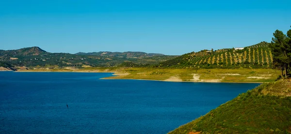 View Iznajar Reservoir Andalusia Spain Spring Day Panoramic Format Use — 스톡 사진
