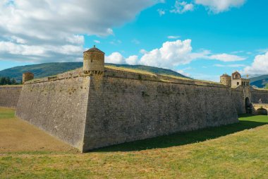a view of the Citadel of Jaca, in Jaca, in the province of Huesca, Aragon, Spain, with the bridge over its dry moat that leads to the entrance on the right