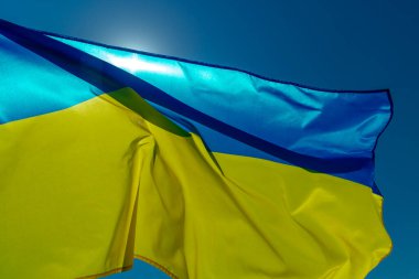 Ukrayna bayrağı, güneşli bir günde mavi gökyüzünde dalgalanıyor.