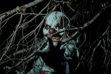Korkunç bir kötü palyaço, gri bir kostüm içinde, beyaz bir yaka, elini gece ormanda kuru bir ağacın dallarından dışarı uzatıyor, ve korkunç bir gülümseme ile gözlemci bakıyor