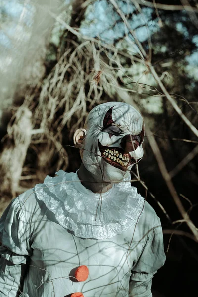 Beyaz yakalı gri bir kostüm giyen tüyler ürpertici kötü bir palyaçonun ve alacakaranlıkta ormanda gözleri kapalı duran kırmızı ponponların yakın çekimi.