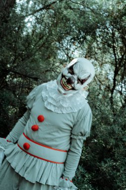 Bulanık korkunç bir palyaço, fırfırlı gri bir kostüm, kırmızı ponpon ve beyaz bir yakut giyiyor, alacakaranlıkta ormanda yürürken, korkunç bir gülümsemeyle gözlemciye bakıyor.