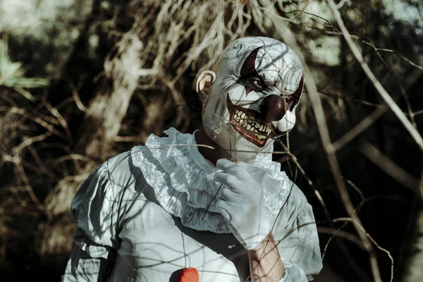 Nahaufnahme Eines Gruseligen Bösen Clowns Einem Grauen Kostüm Mit Weißer — Stockfoto