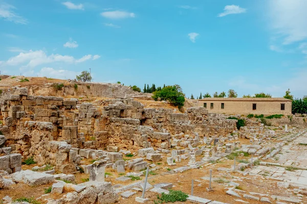 Une Vue Différents Vestiges Bâtiments Sur Site Archéologique Ancienne Corinthe — Photo
