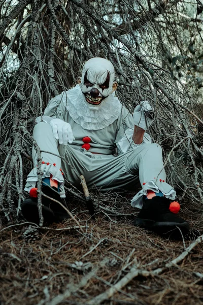 Närbild Ond Clown Klädd Grå Kostym Med Några Volanger Och — Stockfoto