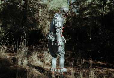 Fırfırlı gri bir kostüm giyen tüyler ürpertici kötü bir palyaço, ve kırmızı ponponlar, ve boynunda beyaz bir yaka, alacakaranlıkta ormanda duran korkunç bir gülümseme ile gözlemciye bakıyor