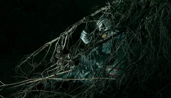 一个穿着灰衣服 头戴白毛的丑陋的秃头小丑 晚上躲藏在森林里 透过一棵干松树的枝条 带着可怕的微笑凝视着观察者 — 图库照片