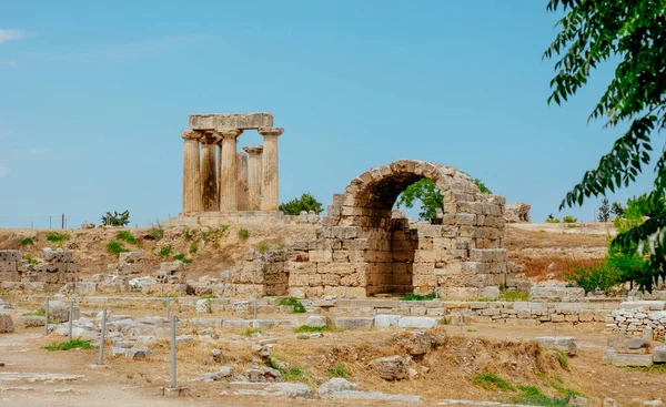 Temple Apollo Higlighting Top Elevation Archaeological Site Ancient Corinth Greece — Stock Photo, Image