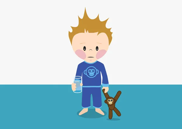 Sad ill child with class of water in hand — Stock Vector