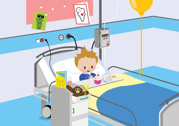 Dziecko jedzenie posiłek w szpitalnym łóżku — Wektor stockowy