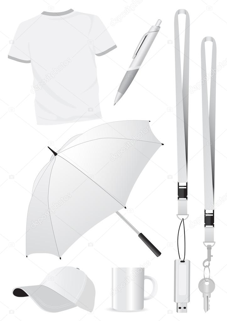 Illustration set of blank mock-up promotional gifts. All vector parts are isolated and grouped. Colors are easy to customize.