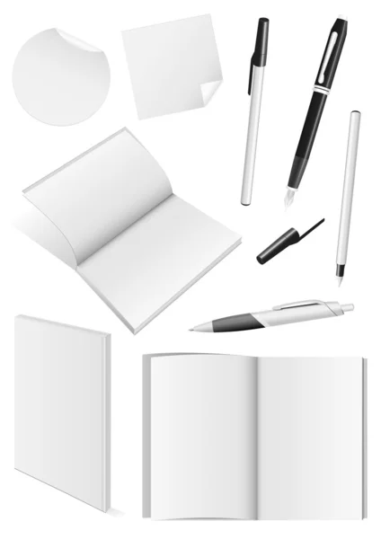 Herramientas de escritura en blanco y maquetas de libros — Vector de stock