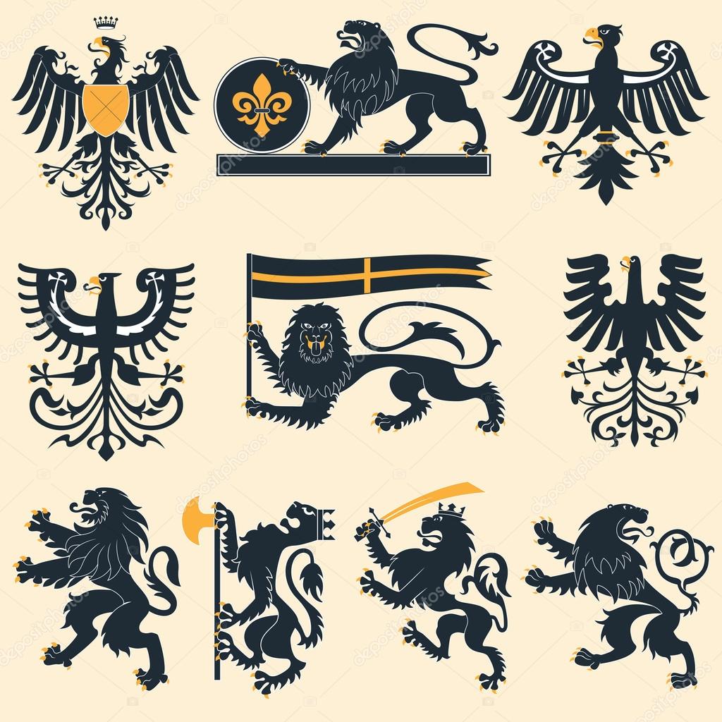 Heraldic lions and eagles set