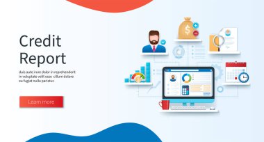 Kredi raporu konsepti. Ekranda iş haritaları olan bir bilgisayar. Kredi skoru, menajer, bütçe, özgeçmiş, program simgeleri. Web vektör illüstrasyonları 3B biçiminde