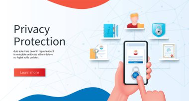 Mahremiyet koruma pankartı. Bir kilit ikonundaki parmak iziyle akıllı telefon güvenliği kilidi açar. İzin, bilgi, kişisel veriler, güvenlik simgeleri. 3B biçiminde Web vektör illüstrasyonu