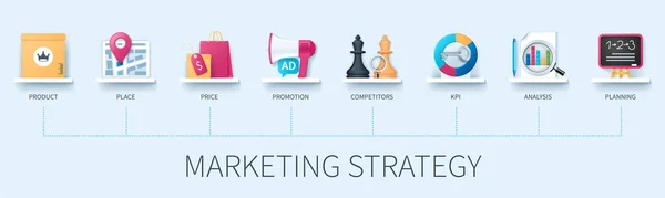 Banner Estratégia Marketing Com Ícones Produto Lugar Preço Promoção Concorrentes — Vetor de Stock