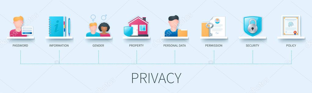 Privacy banner with icons. Password, information, gender, property, personal data, permission, security, policy icons. Business concept. Web vector infographic in 3D style
