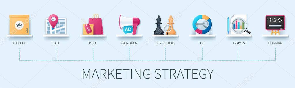 Marketing strategy banner with icons. Product, place, price, promotion, competitors, kpi, analysis, planning icons. Business concept. Web vector infographic in 3D style