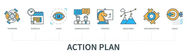 Concept Plan Action Avec Icônes Travail Équipe Calendrier Vision Communication — Image vectorielle