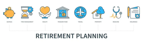 Σχέδιο Συνταξιοδότησης Εικονίδια Αποταμίευση Διαχείριση Χρόνου Υγεία Συνταξιοδοτικό Ταμείο Ταξίδια — Διανυσματικό Αρχείο