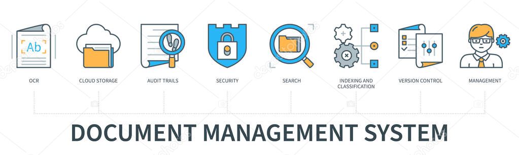 Document management concept with icons. Optical character recognition, cloud storage, audit trails, security, search, index and classification, version control, management. Web vector infographic in minimal flat line style