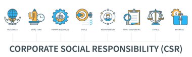 Simgelerle kurumsal sosyal sorumluluk kavramı. Kaynaklar, uzun vadeli, insan kaynakları, hedefler, sorumluluk, denetim, raporlama, etik, iş. En az düz çizgi biçiminde web vektörü bilgisi