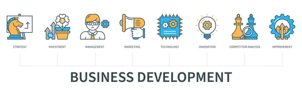 Concepto Desarrollo Empresarial Con Iconos Estrategia Inversión Gestión Marketing Tecnología — Vector de stock