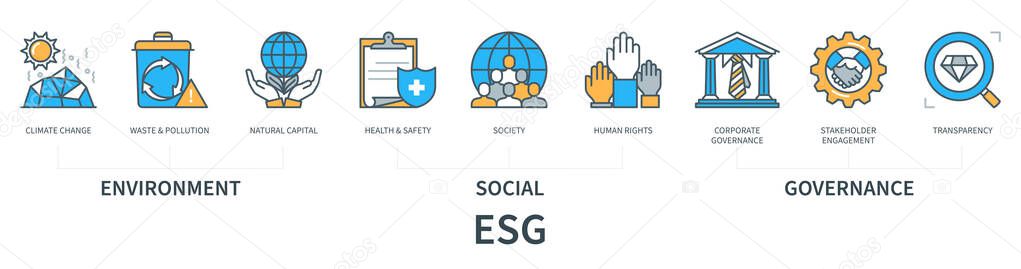 Environment, Social, Governance (ESG) concept with icons. Climate change, waste and pollution, natural capital, health and safety, society, human rights, corporate governance, stakeholder engagement, transparency. Web vector infographic in minimal fl