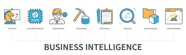 Concept Business Intelligence Avec Icônes Stratégie Apprentissage Automatique Gestion Data — Image vectorielle