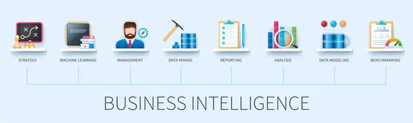 Bannière Business Intelligence Avec Icônes Stratégie Apprentissage Automatique Gestion Data — Image vectorielle