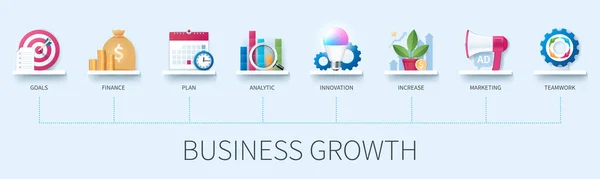 Geschäftswachstumskonzept Mit Symbolen Ziele Finanzen Plan Analytik Innovation Steigerung Marketing — Stockvektor