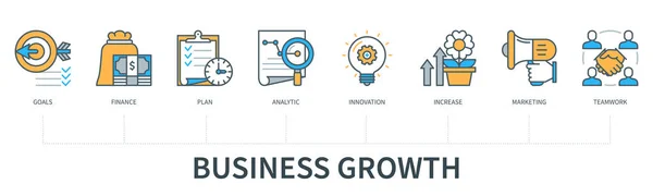Geschäftswachstumskonzept Mit Symbolen Ziele Finanzen Plan Analytik Innovation Steigerung Marketing — Stockvektor