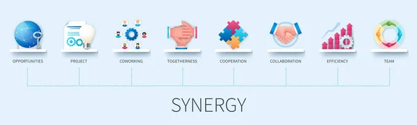 Sztandar Synergii Ikonami Możliwości Projekt Współpraca Współpraca Współpraca Wydajność Ikony — Wektor stockowy