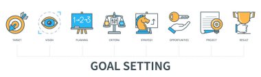 Goal setting concept with icons. Target, vision, planning, criteria, opportunities, strategy, project, result icons. Web vector infographic in minimal flat line style
