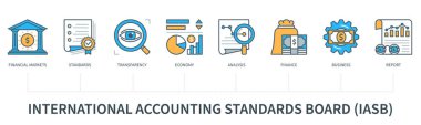 Uluslararası muhasebe standartları IASB konsepti ve simgeler. Finans piyasaları, standartlar, şeffaflık, ekonomi, analiz, finans, ticaret, rapor simgeleri. En az düz çizgi biçiminde web vektörü bilgisi