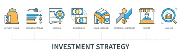 Investment Strategy Concept Icons Active Passive Momentum Trading Indexing Pairs — Vector de stock