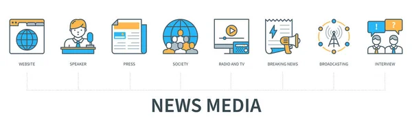 News Media Concept Icons Website Speaker Press Society Radio Breaking —  Vetores de Stock