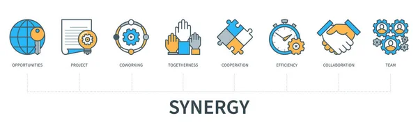 Synergy Concept Icons Opportunities Project Coworking Togetherness Cooperation Collaboration Efficiency — Stockový vektor