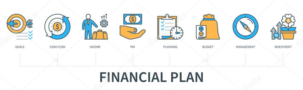 Financial plan concept with icons. Goals, cash flow, income, pay, planning, budget, management, investment icons. Web vector infographic in minimal flat line style