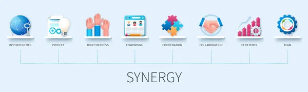 Sztandar Synergii Ikonami Możliwości Projekt Współpraca Współpraca Współpraca Wydajność Ikony — Wektor stockowy