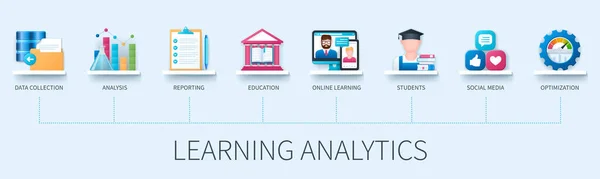 Aprendendo Banner Analytics Com Ícones Coleta Dados Análise Relatórios Educação — Vetor de Stock