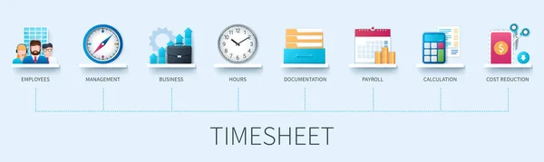 Timesheet Banner Icons Employees Management Business Hours Documentation Payroll Calculation — Stock Vector