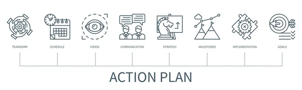 Simgelerle Eylem Planı Takım Çalışması Takvim Vizyon Iletişim Strateji Kilometre — Stok Vektör