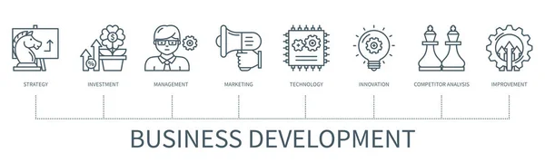 Business Development Konzept Mit Symbolen Strategie Investitionen Management Marketing Technologie — Stockvektor